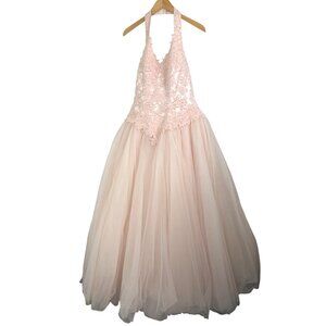 14W Davids Bridal Pink Halter Formal Gown Bead Floral Lace Tulle Dress 96280